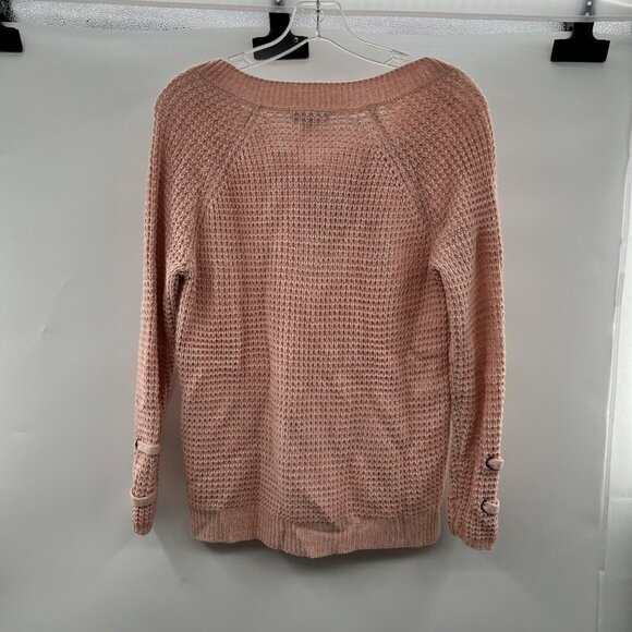 It's Our Time Women's Knit Pullover Sweater Lace Up Neck Long Sleeve Pink Medium - Picture 7 of 9